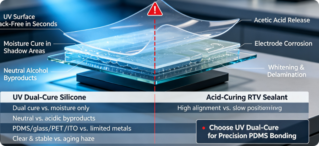 UV-Condensation Silicone vs. Acid-Curing Sealant for PDMS Membrane Bonding